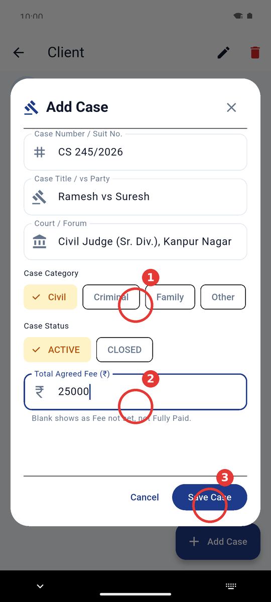 Case details and fee