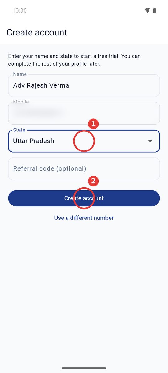 New account: name and State, then Create account