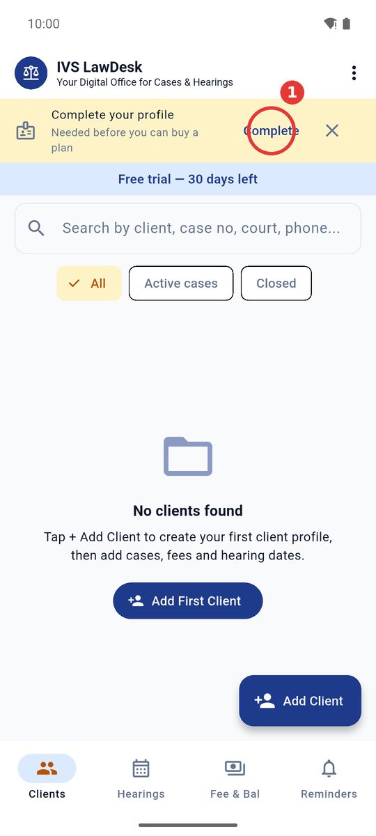 Trial starts; Complete your profile