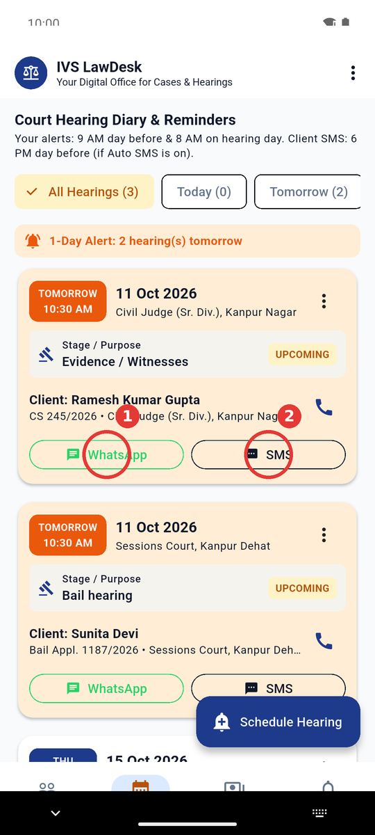 WhatsApp or SMS on the hearing card